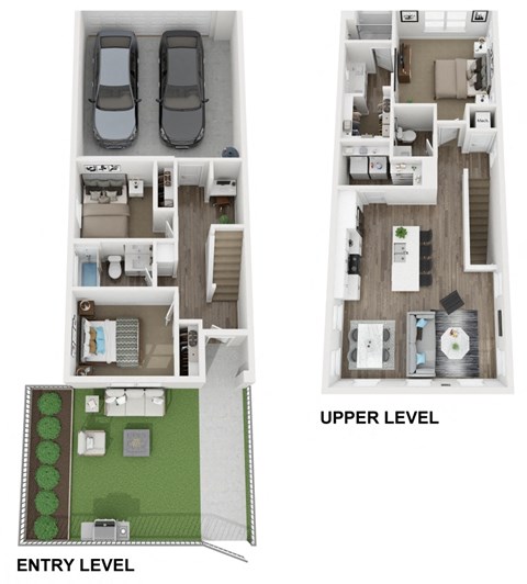 a floor plan of two bedrooms with an entry and an upper level with a carport