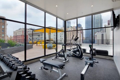 Apartments for Rent in Downtown Los Angeles CA - Broadway Lofts - Fitness Center with Exercise Equipment and Glass Walls