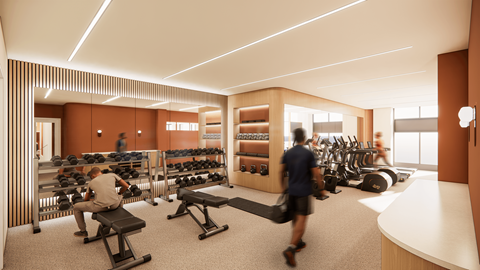 A gym with people working out and exercise equipment.