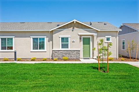 A house with a green door and a small tree in front.
