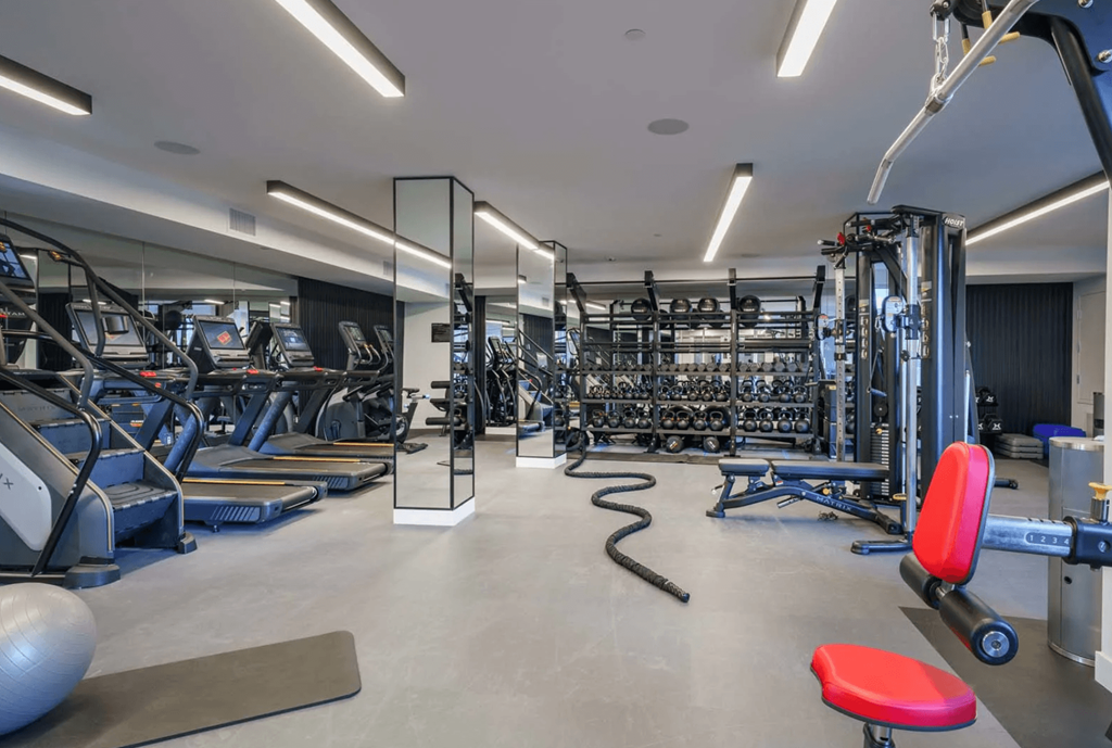 Gym with various weights and cardio machines.