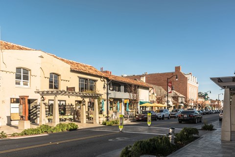 Street with Pedestrian Walkway and Stores at Bayswater Apartments, Burlingame
