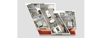 A 3D floor plan of a house with multiple rooms and furniture.