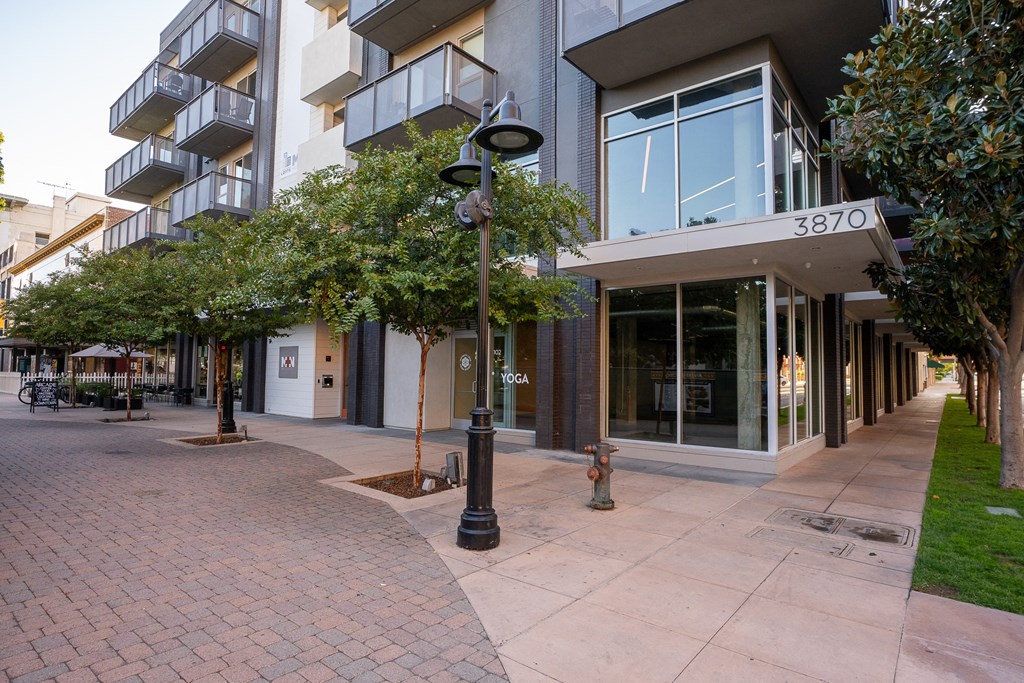 Front of an apartment building with trees along sidewalk at Main+Nine, Riverside, California