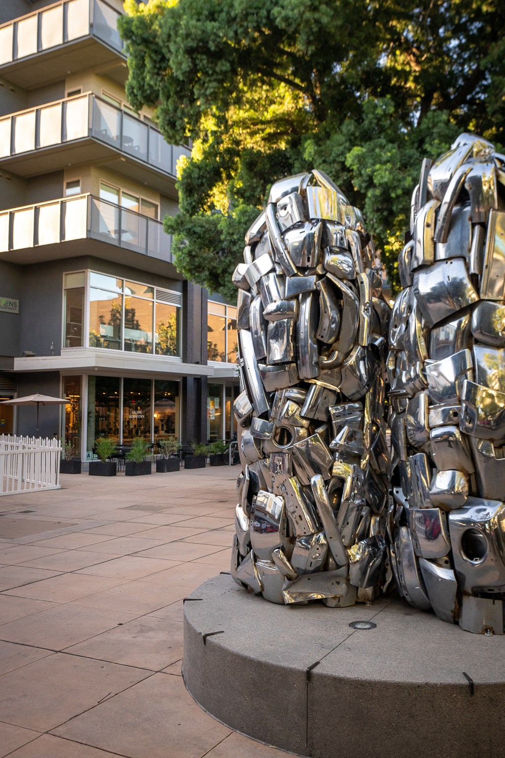 a sculpture made of metal in city at Main+Nine, Riverside