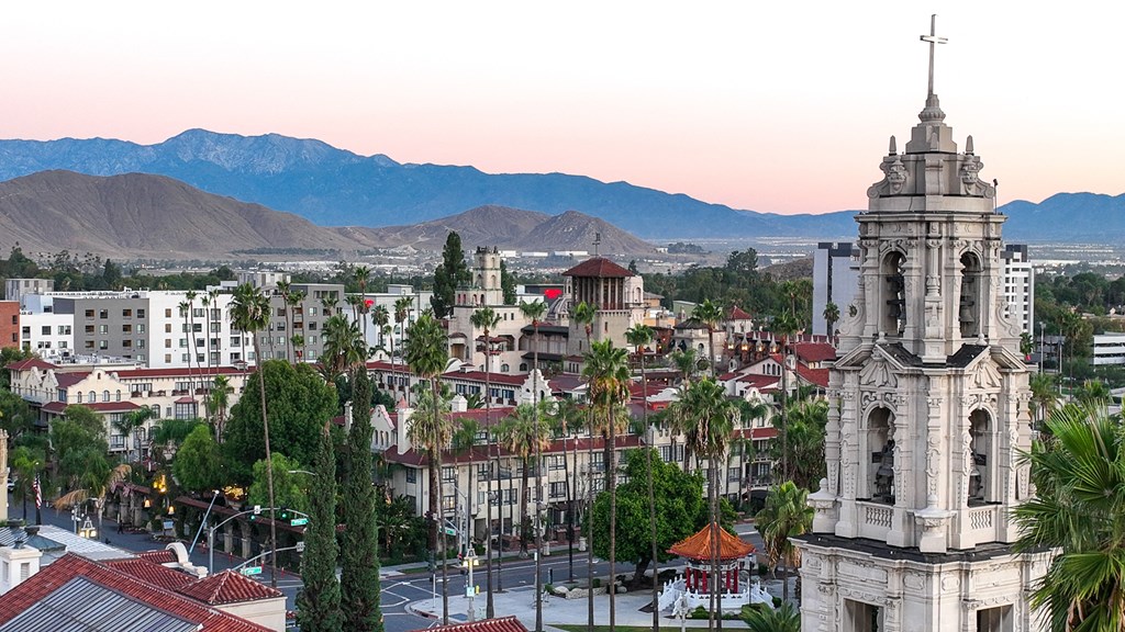 a view of the city with a church and other buildings at Main+Nine, Riverside, California