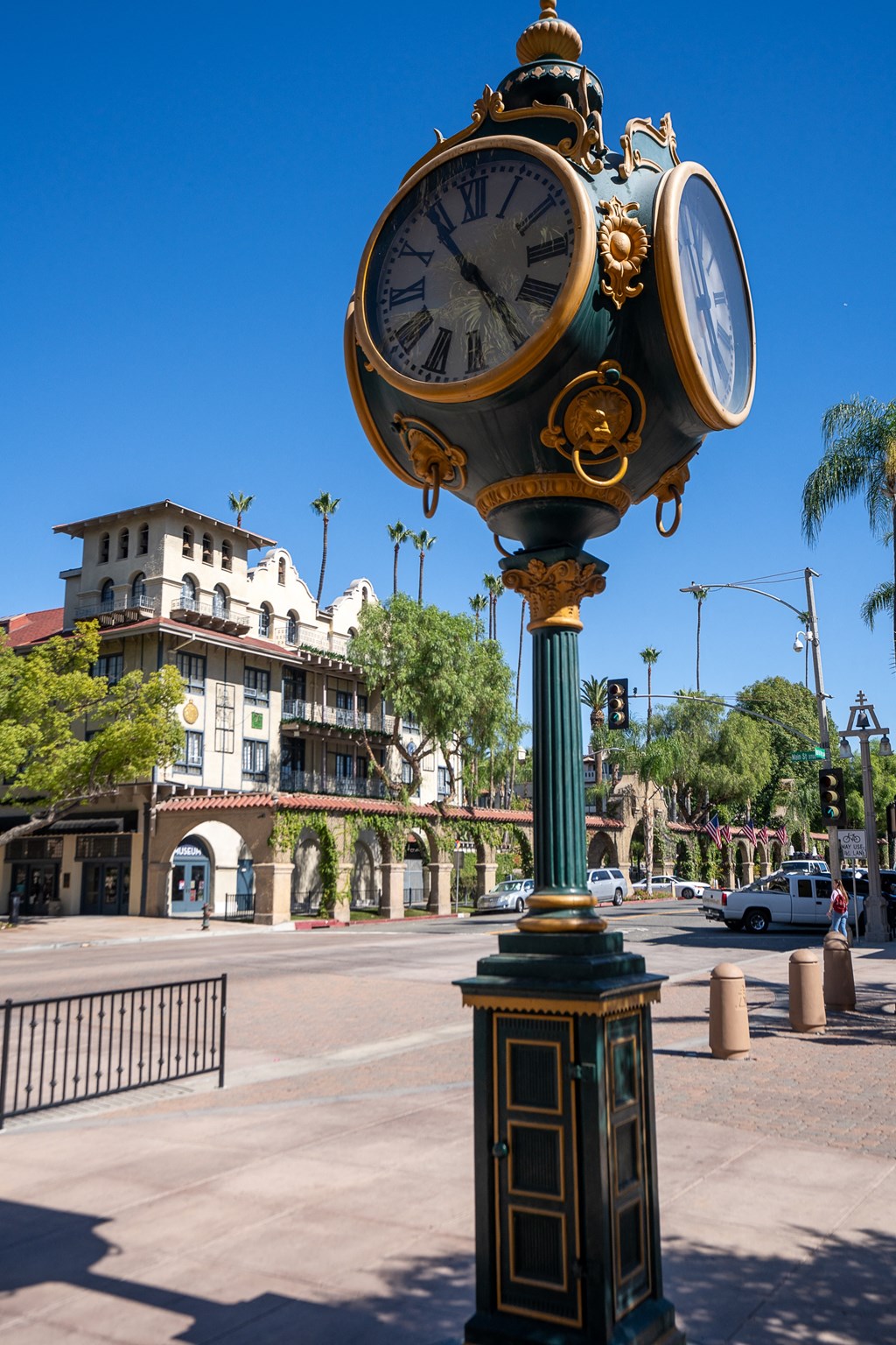 Ornate clock in city at Main+Nine, Riverside, 92501