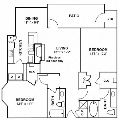 a floor plan of a apartment with two bedrooms and two bathrooms