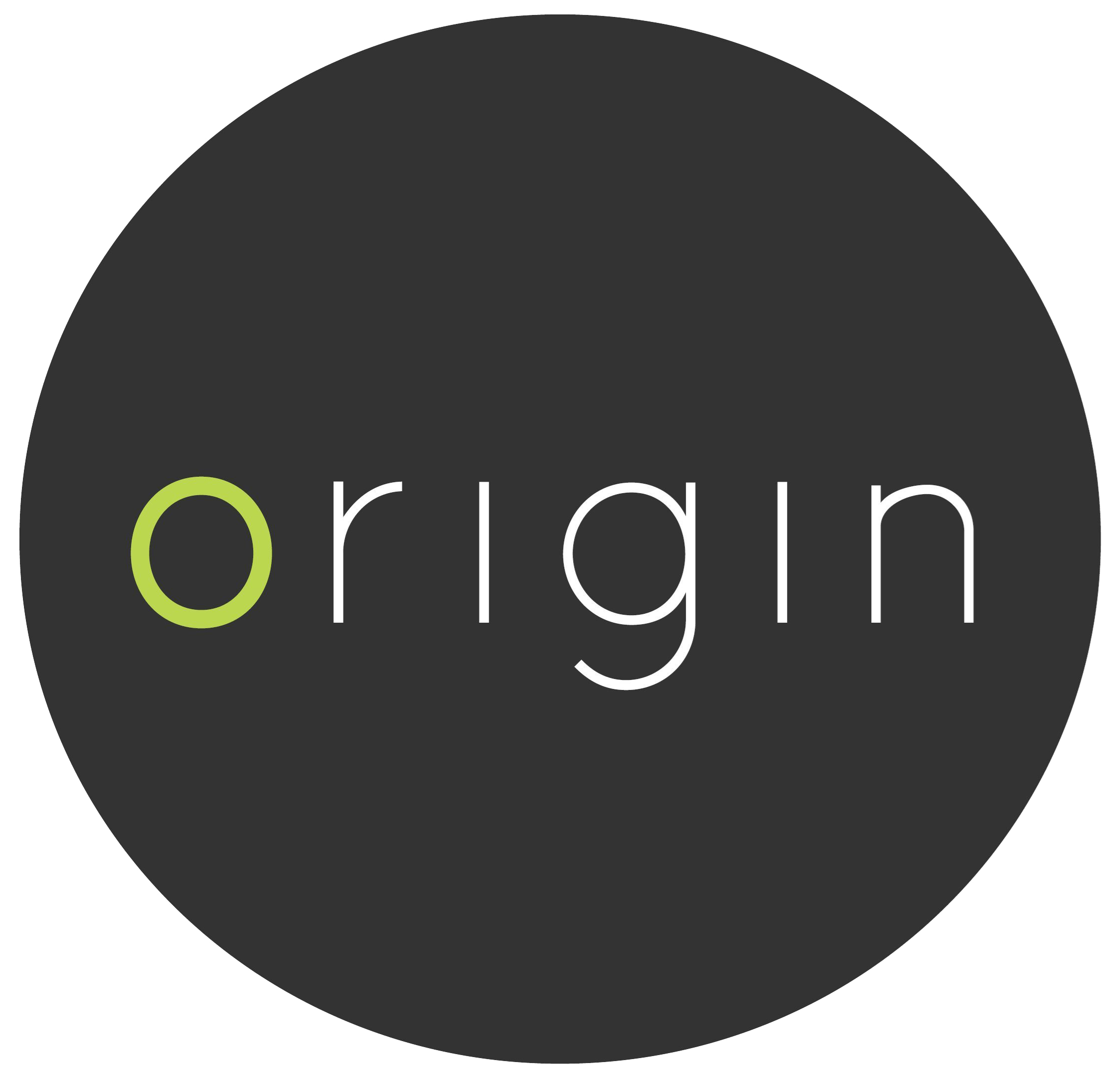 A black circle with the word "origin" written in white and a green dot.