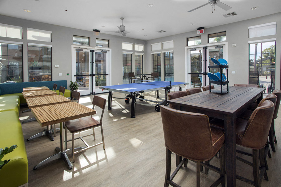 Clubroom ping pong table and seating area
