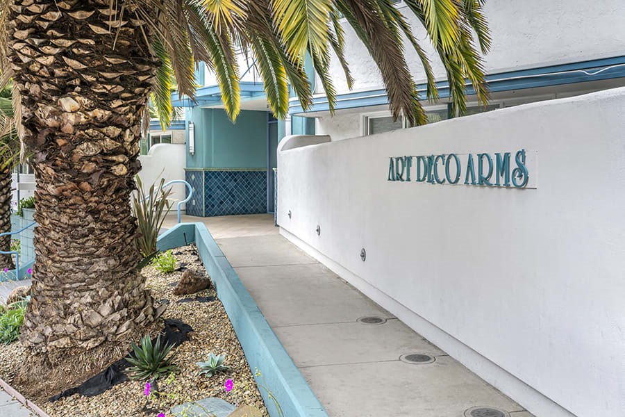a palm tree in front of a white wall with the words art deco landing on it