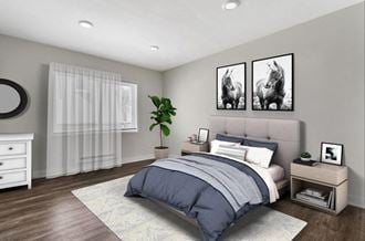a bedroom with grey walls and a white ceiling
