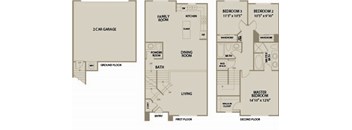 A floor plan of a two-story house with a garage and two bedrooms.