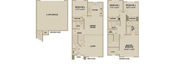 A floor plan of a two-story house with a garage and four bedrooms.