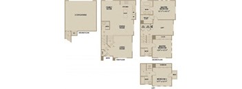A floor plan of a house with two garages, a family room, kitchen, dining room, two bedrooms, and a loft.
