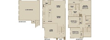 A floor plan of a two-story house with three bedrooms and a garage.
