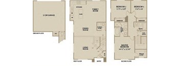 A floor plan of a house with three bedrooms, a garage, and a living room.