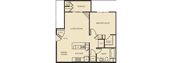 A floor plan of a house with a living room, dining room, kitchen, bathroom, and master suite.