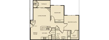 A floor plan of a house with a living room, dining room, kitchen, bedroom, bathroom, and terrace.