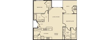 A floor plan of a house with a living room, kitchen, and master suite.