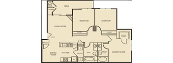 A floor plan of a house with two bedrooms, a living room, a dining room, a kitchen, a laundry room, a pantry, a master suite with a master bath, and a patio.