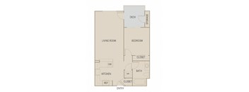 A floor plan of a room with a living room, kitchen, bedroom, bathroom, and closet.