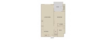 A floor plan of a house with a living room, kitchen, bedroom, bathroom, and deck.