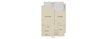 A floor plan of a house with a living room, kitchen, bath, bedroom, and storage.