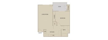 A floor plan of a house with a living room, kitchen, bedroom, bathroom, and deck.
