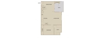A floor plan of a house with a living room, kitchen, dining room, and bedroom.