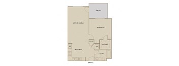 A floor plan of a house with a living room, kitchen, bedroom, bathroom, and two closets.