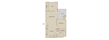 A floor plan of a house with a living room, kitchen, bedroom, and bathroom.