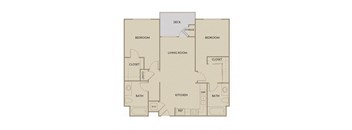 A floor plan of a house with two bedrooms, a living room, a kitchen, two bathrooms, a deck, and a storage area.