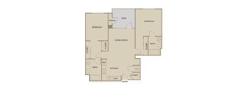 A floor plan of a house with a deck and two bathrooms.