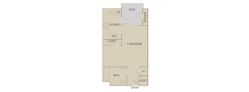A floor plan of a home with a living room, kitchen, bathroom, and closet.
