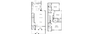 A floor plan of a two bedroom apartment with a living room, dining room, kitchen, powder room, and patio.