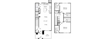 A floor plan of a two bedroom apartment with a living room, dining room, kitchen, bathroom and patio.