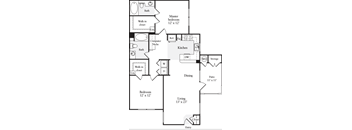 A floor plan of a home with a living area, dining area, kitchen, and two bedrooms.
