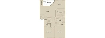 A floor plan of a house with two bedrooms, a living room, a kitchen, a bathroom, a dining area, a balcony, and storage.