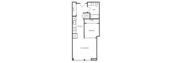 A black and white floor plan of a small apartment with a living room, kitchen, bedroom, and bathroom.