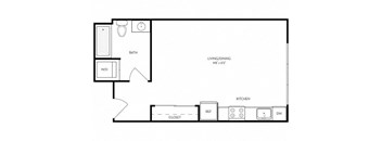 A floor plan of a small apartment with a living room, kitchen, bathroom, and a W/D.