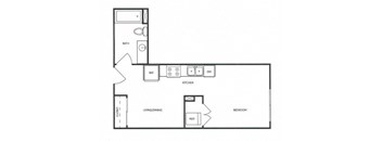 A floor plan of a small apartment with a kitchen, living room, and bedroom.
