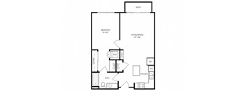 A black and white image of a house floor plan with a patio, bedroom, living/dining area, kitchen, bathroom, and two closets.