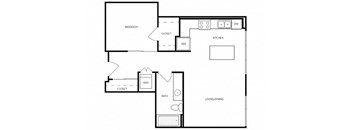 A black and white floor plan of a house with a bedroom, kitchen, living/dining area, bathroom, and two closets.