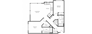 A black and white image of a house floor plan with two bedrooms, a living/dining area, a kitchen, a bathroom with a walk-in closet, and a laundry area.