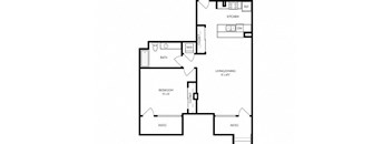 A black and white image of a house floor plan with a kitchen, living room, bedroom, bathroom, and patios.
