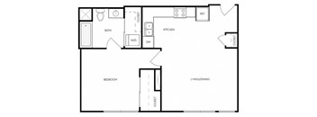 A black and white image of a floor plan for a small apartment.