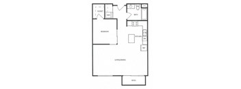 A black and white image of a house floor plan with a bedroom, bath, kitchen, living/dining area, and patio.