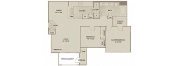 A floor plan of a house with a living room, two bedrooms, a dining room, a kitchen, a laundry room, a bathroom, a walk-in closet, a pantry, a desk, a fire