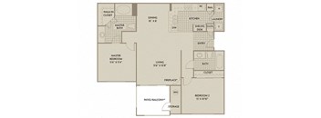 A floor plan of a house with a master bedroom, a patio/balcony, a dining room, a kitchen, a living room, and two bathrooms.
